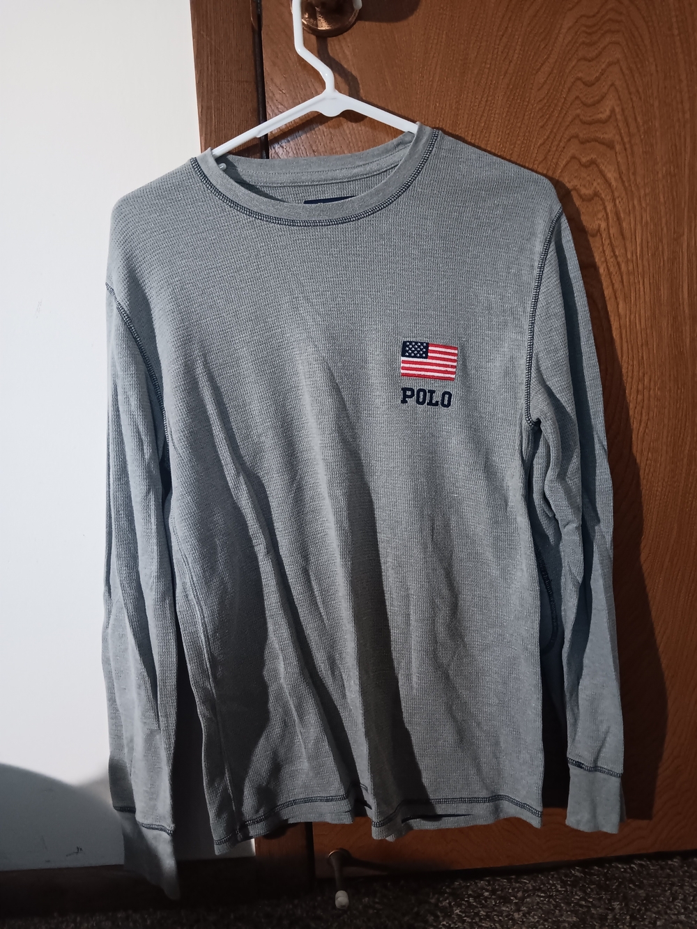 Polo by Ralph Lauren Long-Sleeve Waffle Crew in Light Gray with Flag Patch